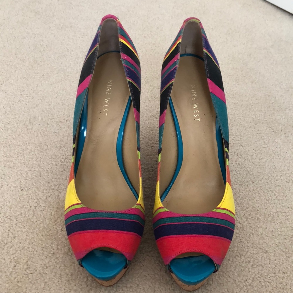 Nine West rainbow stripe cork wedge